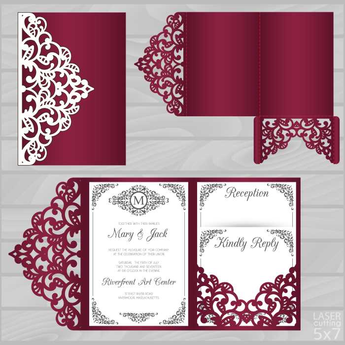 an example of a laser-cute invitation pocket with wedding details included