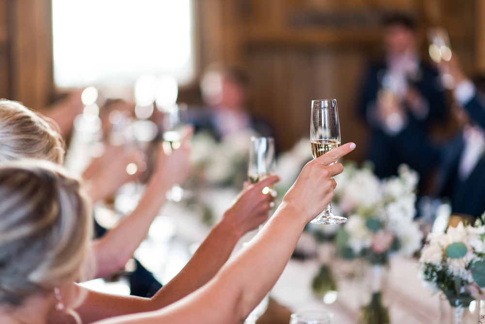 everyone raising a glass at a wedding reception. 